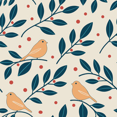 Obraz premium Seamless pattern of birds berries and leaves in flat design style for surface design
