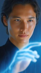 Close-Up of an Engineer Interacting with Glowing Holographic Technology in a Modern Studio Environment