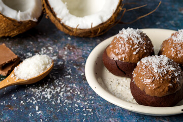 Delicious homemade chocolate coconut cookies, close-up.