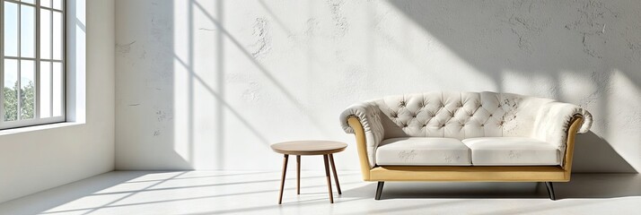 Bright and Airy Interior Composition Featuring a Sofa, Table, and Minimalist Design Elements