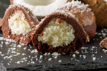 Delicious homemade chocolate coconut cookies, close-up.