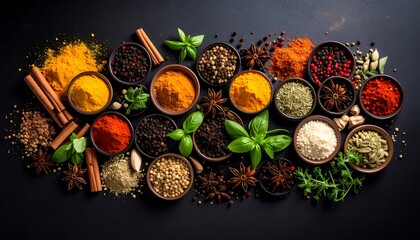 Vibrant Spice Collection Colorful Herbs  Spices in Bowls on Dark Backdrop.