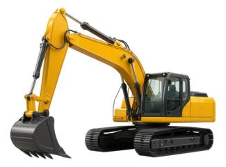 Large yellow excavator with a hydraulic arm and tracked wheels on transparent background.