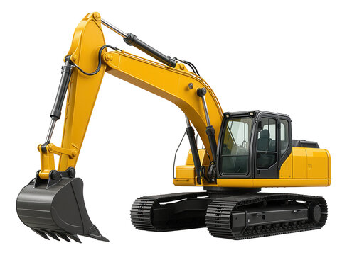 Large yellow excavator with a hydraulic arm and tracked wheels on transparent background.