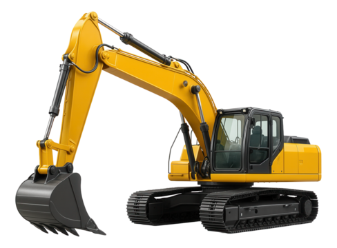 Large yellow excavator with a hydraulic arm and tracked wheels on transparent background.