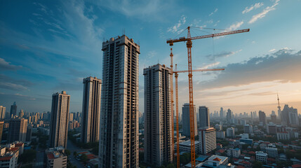 Obraz premium Large scale condominium construction site with the luffing jib tower crane, new hi-rise buildings growing up into the sky in a densely populated city of Bangkok, Thailand.