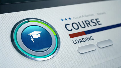 Online learning certification program concept. Loading screen for an online course with graduation cap icon.