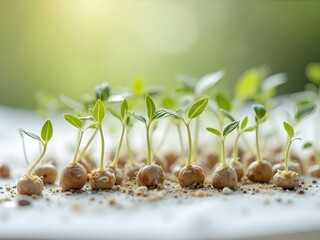 Flatlay of Germinating Seeds on White Paper: Flatlay of various seeds in early germination stages laid out on moist white paper, with tiny sprouts and roots, shot in natural light.