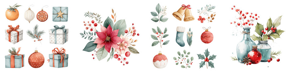 Fototapeta premium Festive Christmas Decor with Flowers Ornaments and Gifts