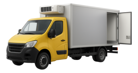 Yellow refrigerated delivery truck with an open rear door on transparent background.