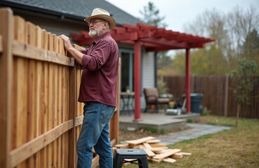 Middle-aged gay man building wooden fence in backyard. Carpenter working on home improvement project, wearing a hat and casual clothes. Constructing backyard security, gardening, home renovation.