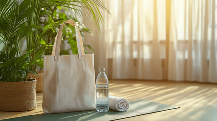 A tote bag mockup lying on a yoga mat next
