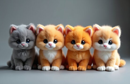 Four cute kitten plushies, two grey and two orange, sit side-by-side against a grey background. These soft toy kittens are furry and adorable, perfect for children, pet shops and baby products.