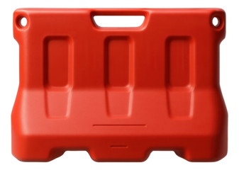 Red plastic road barrier with handle and reinforced structure on transparent background.