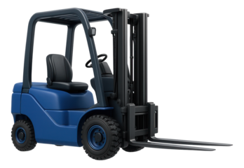 Blue industrial forklift featuring a protective overhead guard and dual lifting forks, designed for heavy lifting tasks on transparent background.