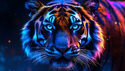 Vibrant Tiger Portrait Colorful Glowing Eyes and Artistic Digital Painting.