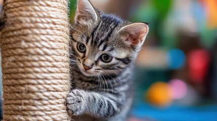 Playful kitten exploring a cat tree