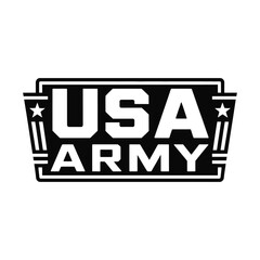 American army emblem in black rectangle with stars and stripes, showcasing military service, honor, and tradition on white backdrop

