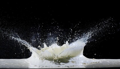 high speed splash of white milk in mid air with dynamic droplets against black background for food branding, liquid concept, advertising or web design element

