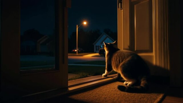 Cat sitting near an open door at night observing the quiet street illuminated by streetlights