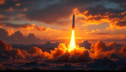 Fototapeta premium Dramatic Rocket Launch at Sunset Fiery Cloudscape Space Exploration