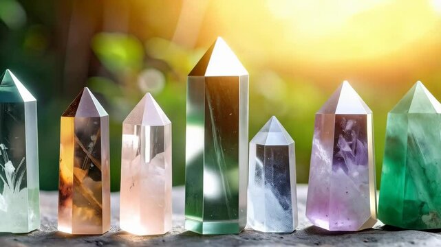 Collection of seven multi-colored crystal points on weathered stone against blurred greenery for spirituality and wellness uses