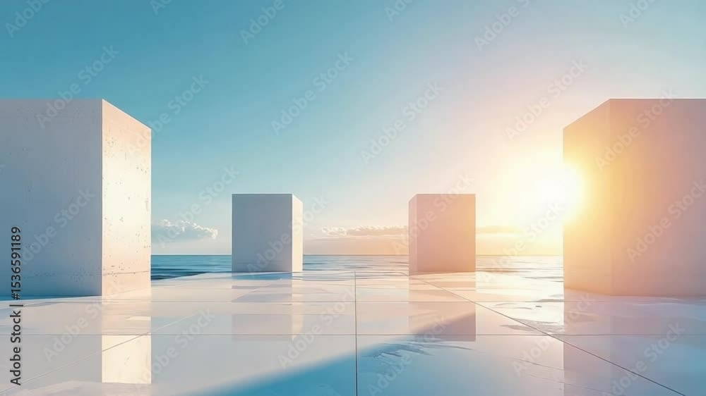 Aufkleber minimalist white cube geometric shape modern architecture with serene ocean sunrise reflection and t