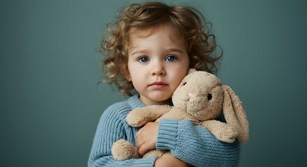 Little child holding a brown stuffed bunny toy, looking with big blue eyes. Innocence and childhood concept for kid content.
