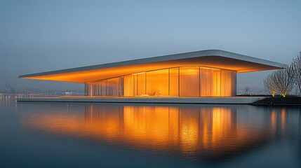 Obraz premium Modern waterfront pavilion illuminated at dawn