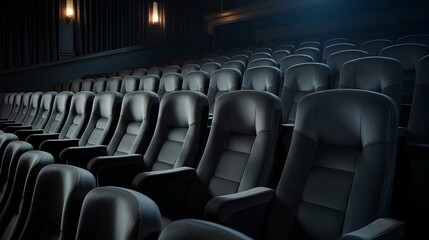 The interior of an upscale empty movie theater with soft black chairs and dim, and professional lighting.