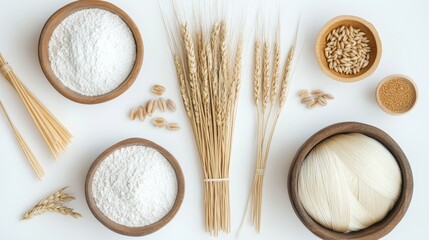 Wooden flour scoops, wheat sheaves, and a bowl with white flour on a light background. Natural ingredients. Eco-friendly cooking tools. Eco-friendly home decor items Kitchen accessories. Top view 