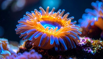 Vibrant Zoanthid Coral Macro underwater shot with glowing colors in a reef aquarium.