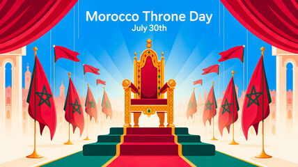  Throne Day in Morocco, July 30. Festive banner, graphic design from the royal throne on the red carpet surrounded by national flags and text.