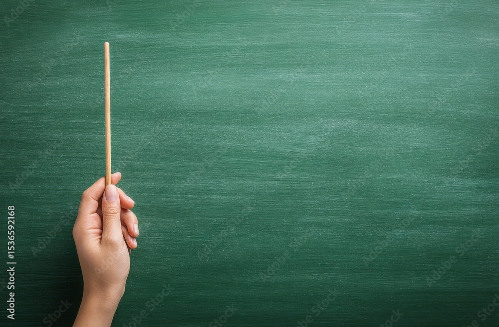 Poster hand holding pointer stick in front of green chalkboard, representing teaching, learning and educati