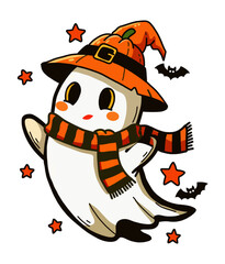 a cute cartoon ghost wearing a festive orange and black striped scarf and a pumpkin-themed witch's hat.