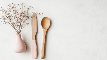 Kitchen set with wooden knife board, spatula, and flower vase. Cooking Set with aesthetic background. Kitchen utensils. Empty middle mockup in pink, beige, and white color. Top-view. Copy space area