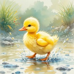 Yellow Duckling Splashes Joyfully in Shallow Water Surrounded by Grass and Stones on a Bright Sunny Day