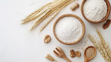 Wooden flour scoops, wheat sheaves, and a bowl with white flour on a light background. Natural ingredients. Eco-friendly cooking tools. Eco-friendly home decor items Kitchen accessories. Top view 