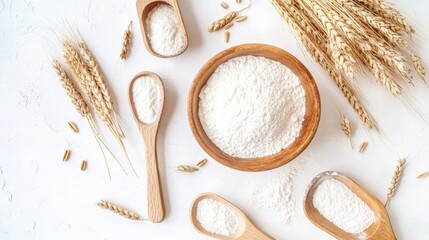 Wooden flour scoops, wheat sheaves, and a bowl with white flour on a light background. Natural ingredients. Eco-friendly cooking tools. Eco-friendly home decor items Kitchen accessories. Top view 