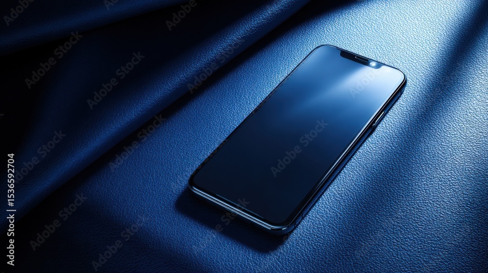 Poster sleek smartphone on blue leather surface, representing modern technology and mobile communication so