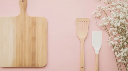 Kitchen set with wooden knife board, spatula, and flower vase. Cooking Set with aesthetic background. Kitchen utensils. Empty middle mockup in pink, beige, and white color. Top-view copy space