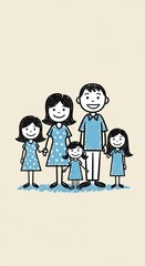 Fototapeta premium Hand-drawn family portrait with three daughters in matching blue polka dot dresses