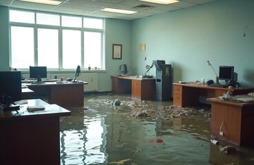 Office interior extensively damaged by water flood disaster. Submerged furniture equipment, floating debris illustrate property destruction, business disruption. Water damage requires immediate