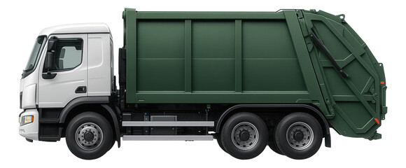 Side view of a green and white garbage truck with detailed waste container design on transparent background.