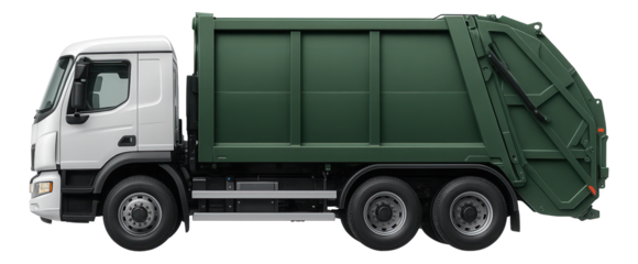 Side view of a green and white garbage truck with detailed waste container design on transparent background.