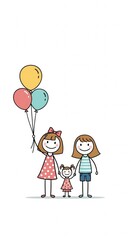 Stick Figure Family Portrait with Balloons: Two Sisters and a Little Girl
