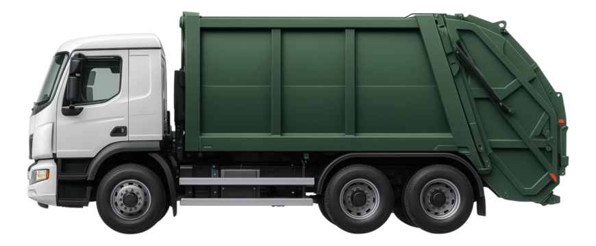 Side view of a green and white garbage truck with detailed waste container design on transparent background.