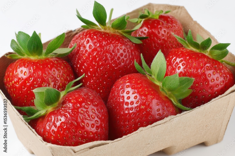 Poster fresh strawberries in a cardboard container, representing healthy eating and summer harvest for food