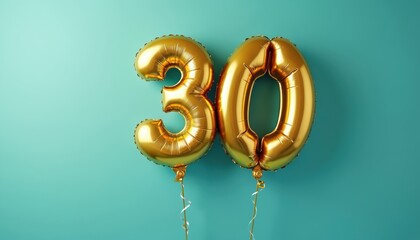 Golden 30th birthday balloons against vibrant turquoise background. Festive celebration decoration, party event. Gold foil helium balloons float, greeting card design, invitation template.