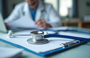 Close-up of stethoscope on organized medical documents. Healthcare admin in the background, doctor reviewing paperwork. Concept of healthcare, patient data, insurance, records. Modern office, clinic.